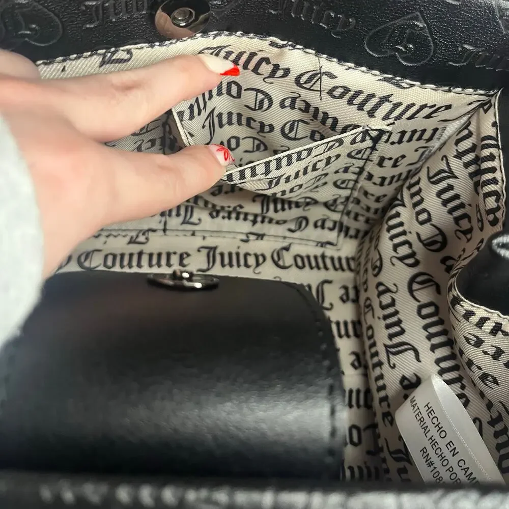 Juicy Couture Black Embossed Logo Satchel Crossbody Bag Heart Charm Purse